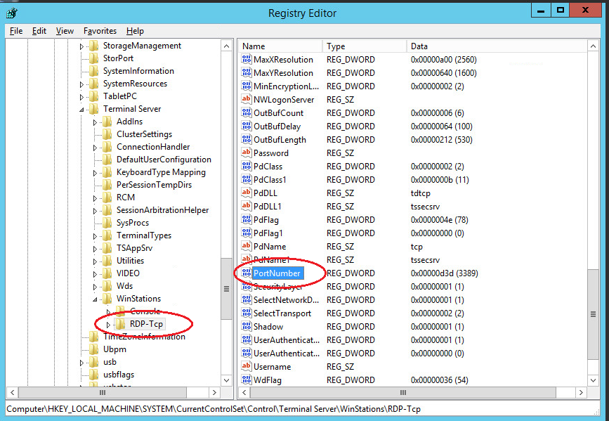 windows server regedit port number