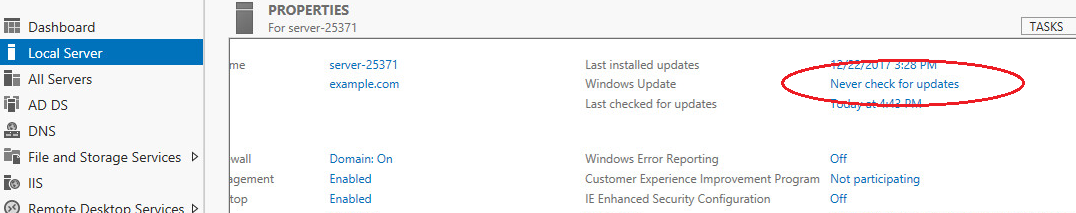 windows server 2012  windows update set never check result
