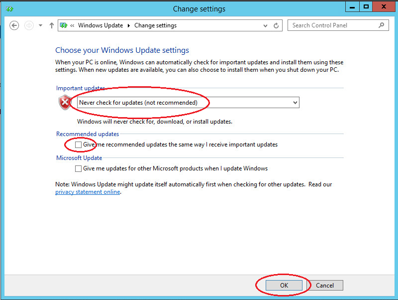 windows server 2012 update set never check