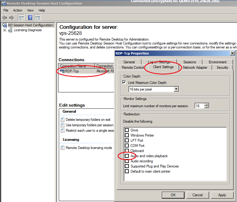 windows server 2008 RDP configuration settings