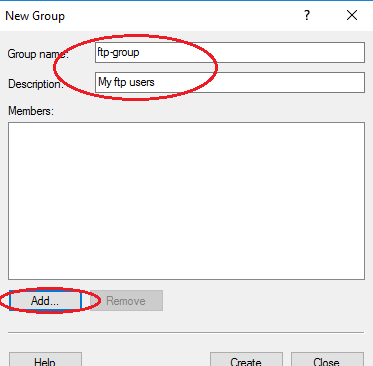 Setup FTP Win2016 -- create user group - add name