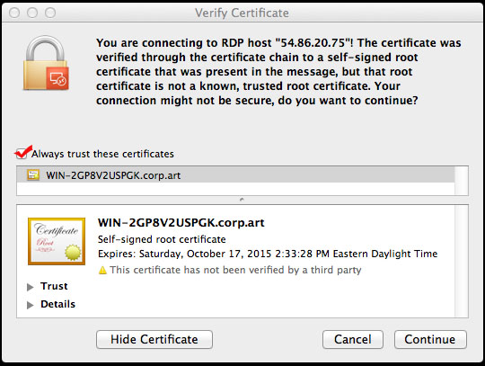 Connecting VDS from Mac - trust certificate