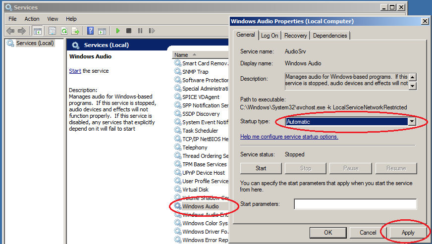 windows server 2008 audio services configuration