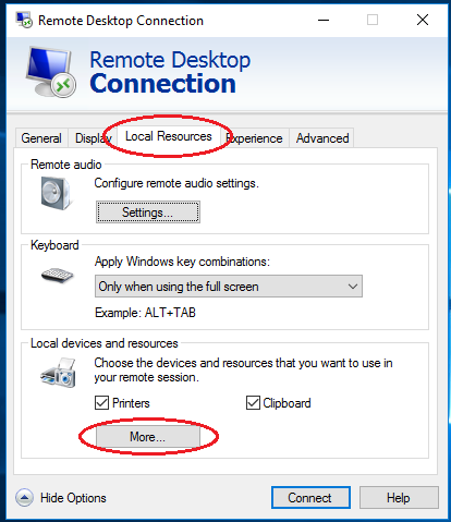 RDP settings Local resourses