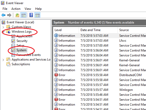 windows system log list